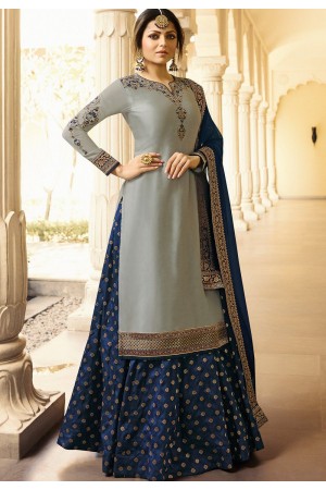 drashti dhami grey blue satin georgette lehenga style suit 3301