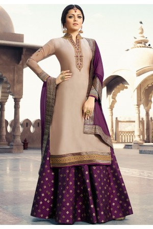 drashti dhami peach purple satin georgette lehenga style suit 3306