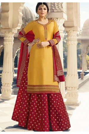 drashti dhami yellow red satin georgette lehenga style suit 3307