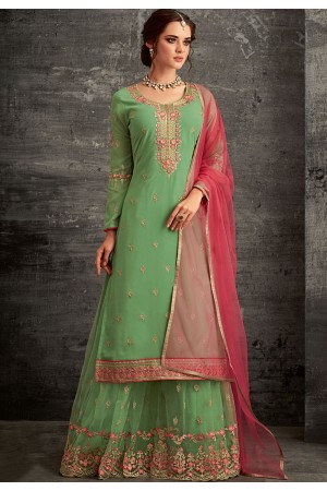 green georgette embroidered palazzo style pakistani suit 62002