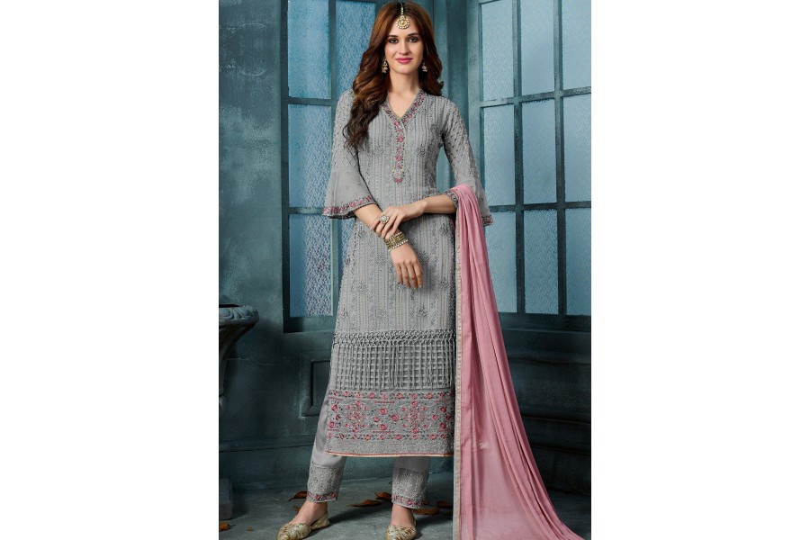 Grey Embroidered Georgette Straight Suit With Dupatta