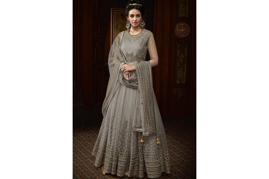 Grey Embroidered Traditional Style Anarkali Suit