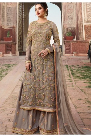 grey net embroidered long kameez sharara style pakistani suit 5308