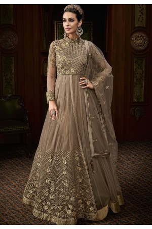 grey shade net embroidered floor length anarkali suit 15008