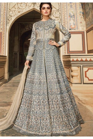 grey tafetta silk front slit lehenga style anarkali suit 5303