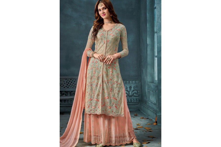 Women Pink Premium Net Embroidered Traditional Palazzo Suit main image 1