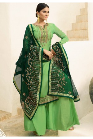 light green satin georgette embroidered sharara style pakistani suit 16203