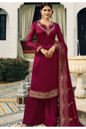 magenta satin georgette embroidered palazzo style pakistani suit 16208