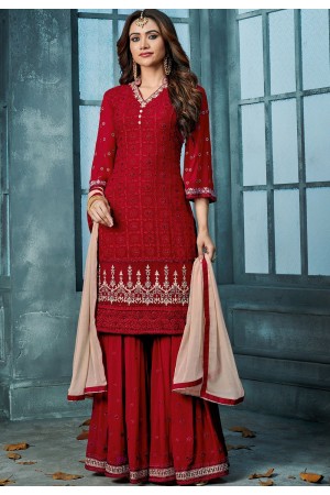 maroon georgette embroidered sharara style pakistani suit 801