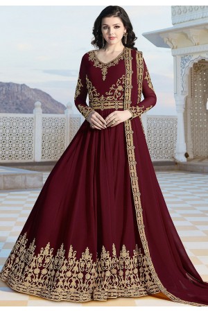 maroon georgette floor length embroidered anarkali suit 20036