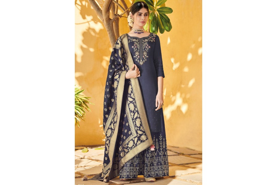 Pakistani Style Brown Embroidered Suit with Palazzo main image 1