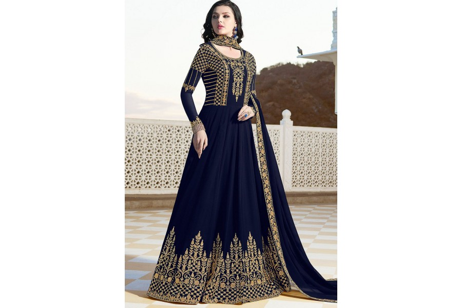 Navy Blue Flower Embroidered Georgette Anarkali Dress