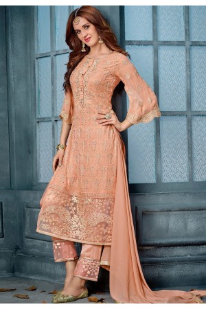 peach georgette embroidered straight trouser style suit 804