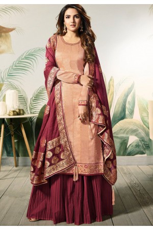 peach maroon satin silk sharara style pakistani suit 12003