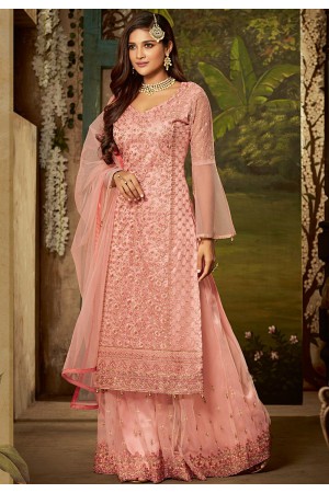 pink net embroidered sharara style pakistani suit 61005