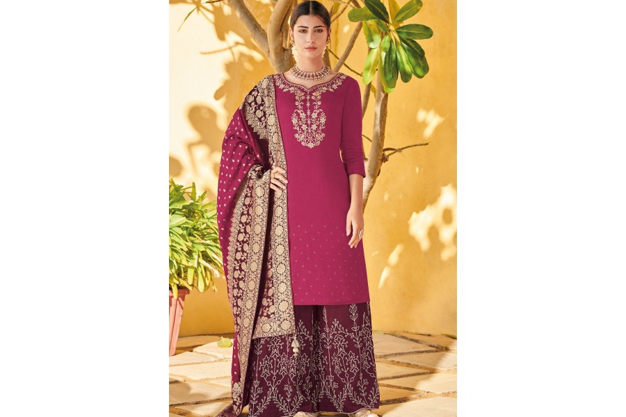Peachy Pink Semi Chiffon Pakistani Style Palazzo Suit main image 1