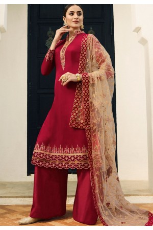 red satin georgette embroidered palazzo style pakistani suit 16205