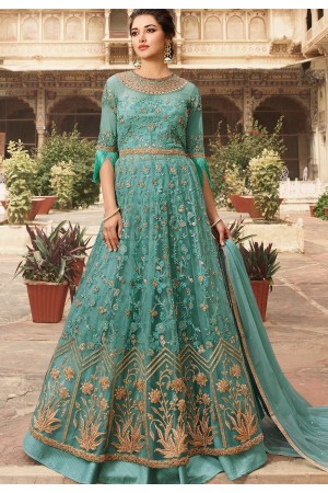 sky blue net embroidered floor length lehenga style anarkali suit 5302