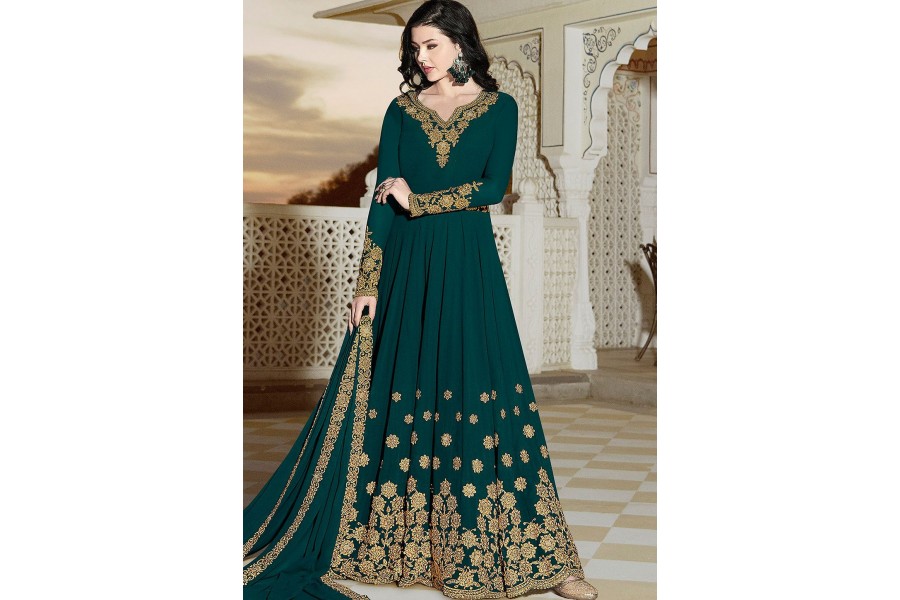 designer turquoise georgette floor length anarkali suit