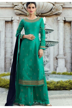 turquoise satin georgette straight palazzo style suit 16105