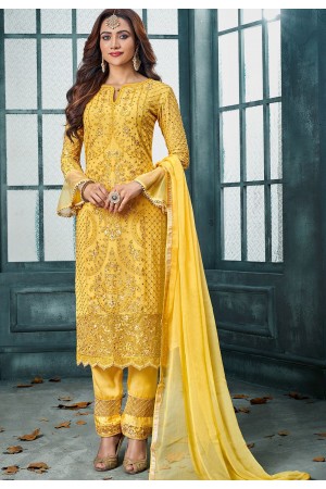 yellow georgette embroidered straight trouser suit 802