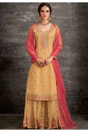 yellow shade georgette embroidered palazzo style pakistani suit 62005