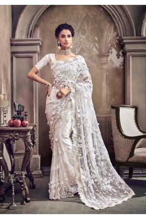 White color net moti work designer party wear saree