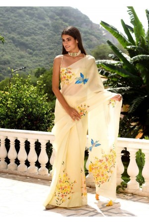 Bollywood Model Yellow Pure Organza hand work saree