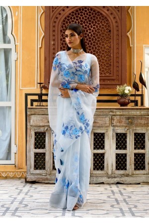 Bollywood Model Ice blue Pure Organza hand work saree