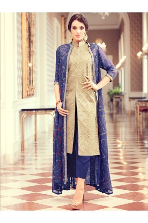 Beige and blue color party wear pant style suit