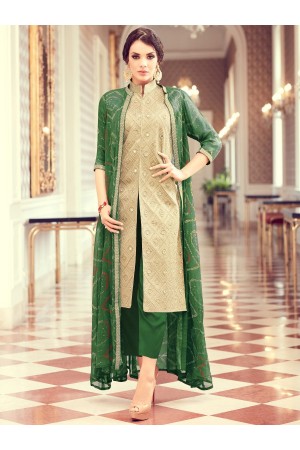 Beige and green color party wear pant style suit