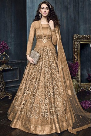 Brown color net weddding lehenga and pant style kameez
