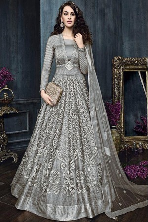 Grey color net weddding lehenga and pant style kameez