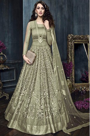 Olive Green color net weddding lehenga and pant style kameez