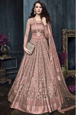 Onion pink color net weddding lehenga and pant style kameez