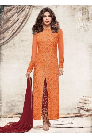 Priyanka chopra peach color net straight cut salwar kameez