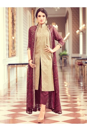 Beige and wine color party wear pant style suit