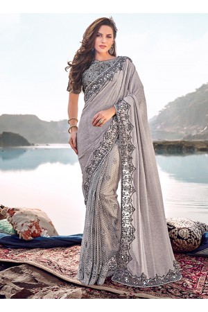 Grey heavy hand work wedding saree