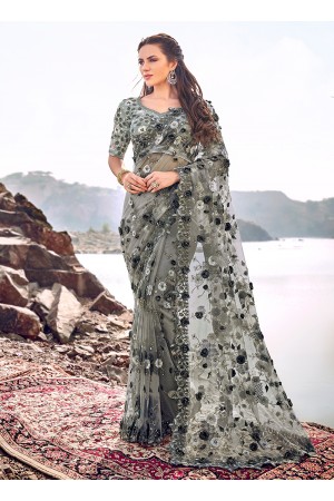 Grey digial net saree hand work wedding wear saree