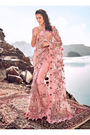 Peach net heavy work wedding Saree