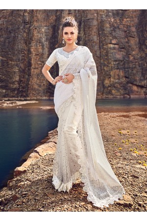 White net mirror and crystal work wedding saree