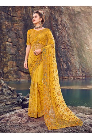 Yellow net diamond heavy work wedding Saree