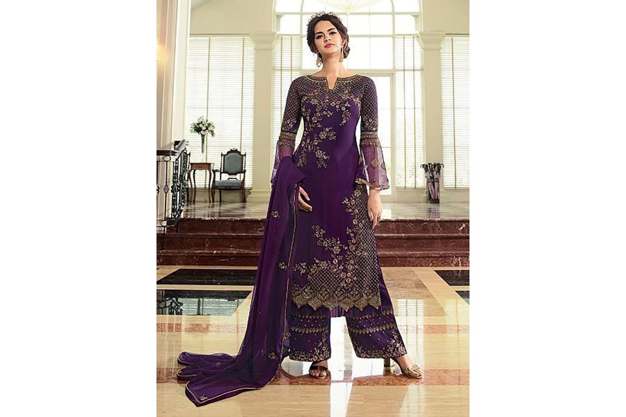 Purple Faux Georgette Palazzo Suit
