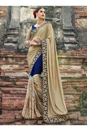 Beige and blue fancy wedding wear saree