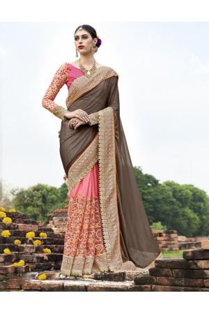 Brown and pink wedding wear saree