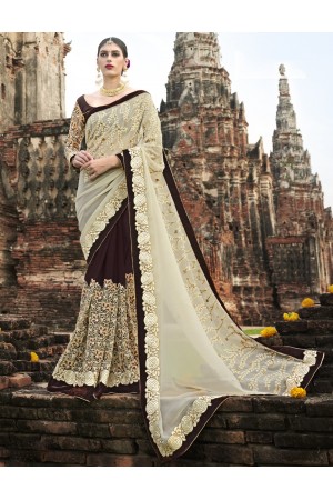 Cream and brown wedding wear saree