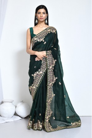 Green organza silk embroidered saree with blouse N8122C