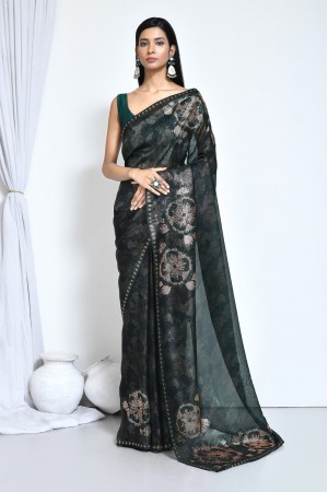 Green satin silk foil print saree with blouse N8125C