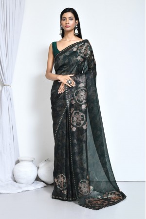 Green satin silk foil print saree with blouse N8125C