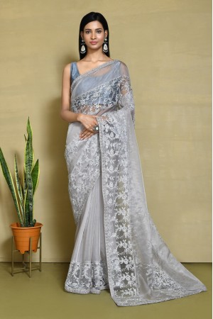 Grey organza satin silk embroidered saree with blouse N8150